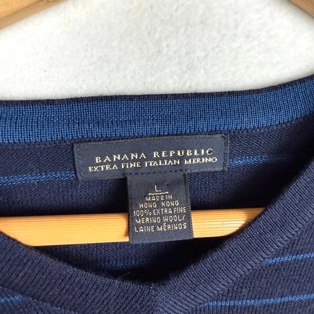 Banana Republic Sweater Crew Neck Merino Wool Blue Striped Men's L‎